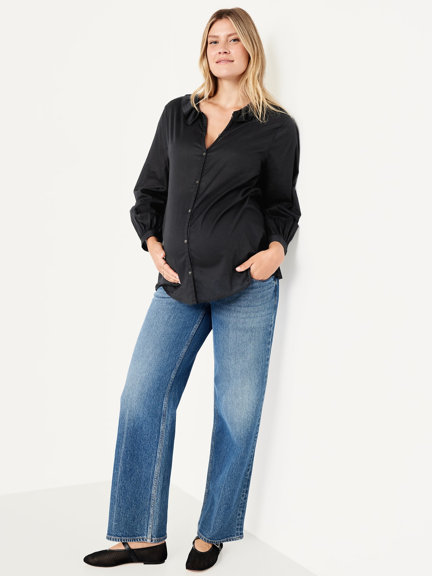 Maternity Long Sleeve Button-Down Ruffle Shirt