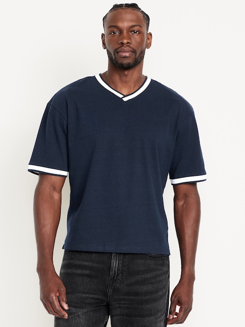 Heavyweight Cropped V-Neck T-Shirt - Navy/White