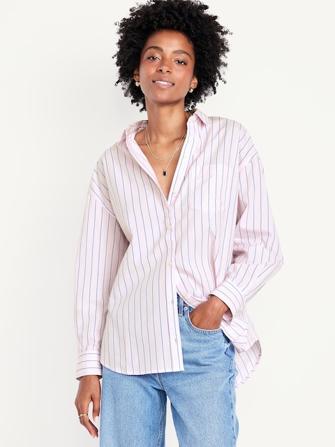 Oversized Button-Down Boyfriend Shirt - Pink/Blue Stripes