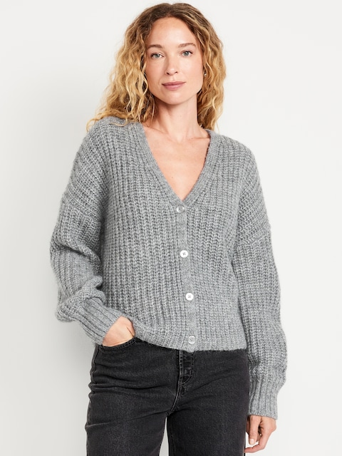 Wool-Blend Shaker-Stitch Cardigan Sweater - Medium Heather Gray