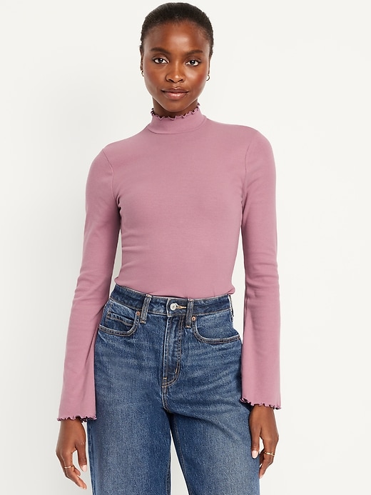 Image number 1 showing, Mock-Neck Lettuce-Edge Rib Top