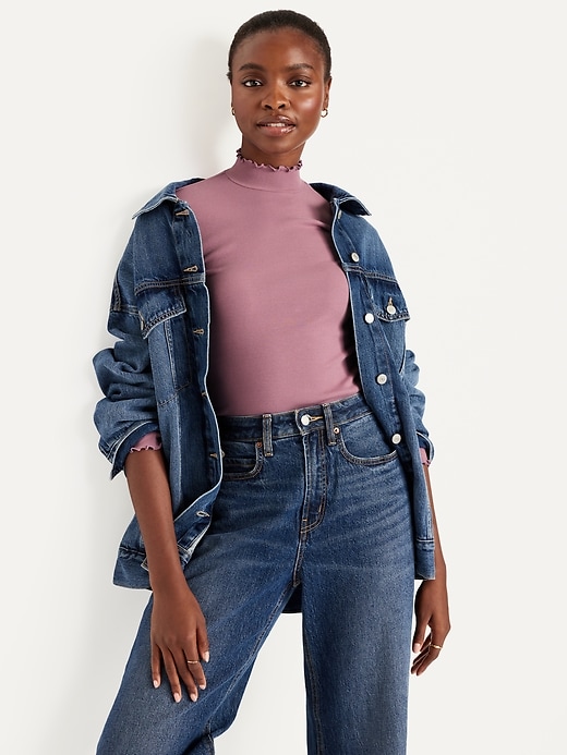 Image number 3 showing, Mock-Neck Lettuce-Edge Rib Top