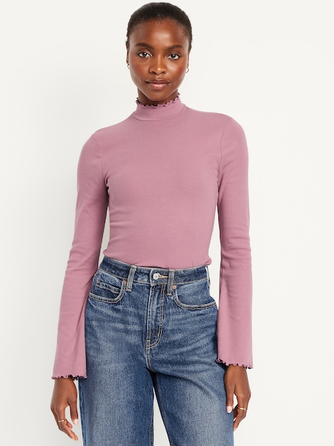 Mock-Neck Lettuce-Edge Rib Top - Fragrant Rose