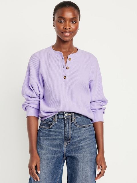 Oversized Cozy Waffle Henley Top - Lavender Haven