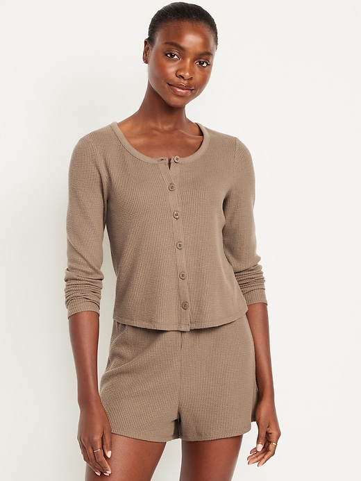 Image number 1 showing, Button-Down Waffle-Knit Sleep Top
