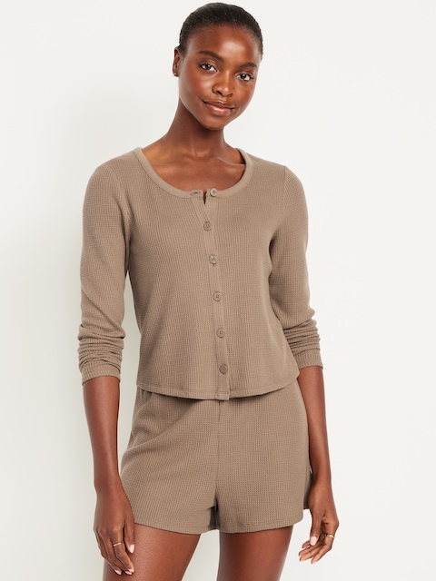 Button-Down Waffle-Knit Sleep Top - Sedimentary