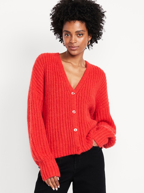 Wool-Blend Shaker-Stitch Cardigan Sweater - Fan The Flames