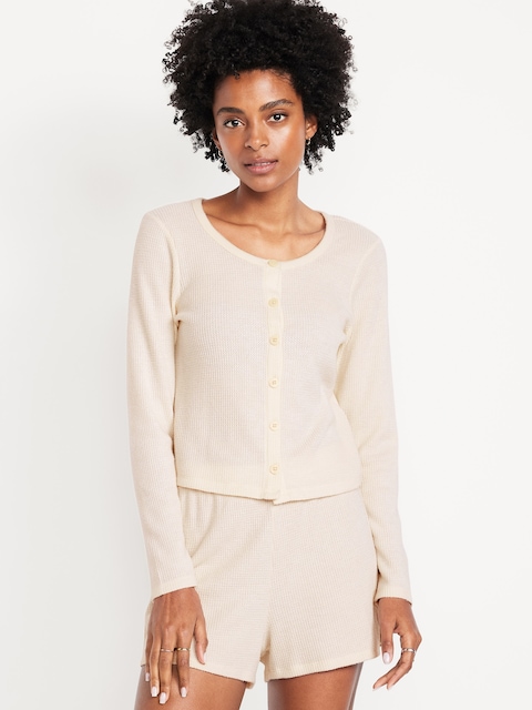 Button-Down Waffle-Knit Sleep Top - Howlite