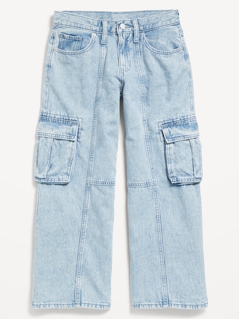 High-Waisted Super Baggy Wide-Leg Cargo Jeans for Girls - Star (Light Wash)