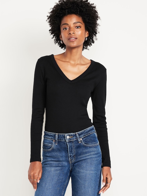 Long-Sleeve Cozy V-Neck Top - Black Jack