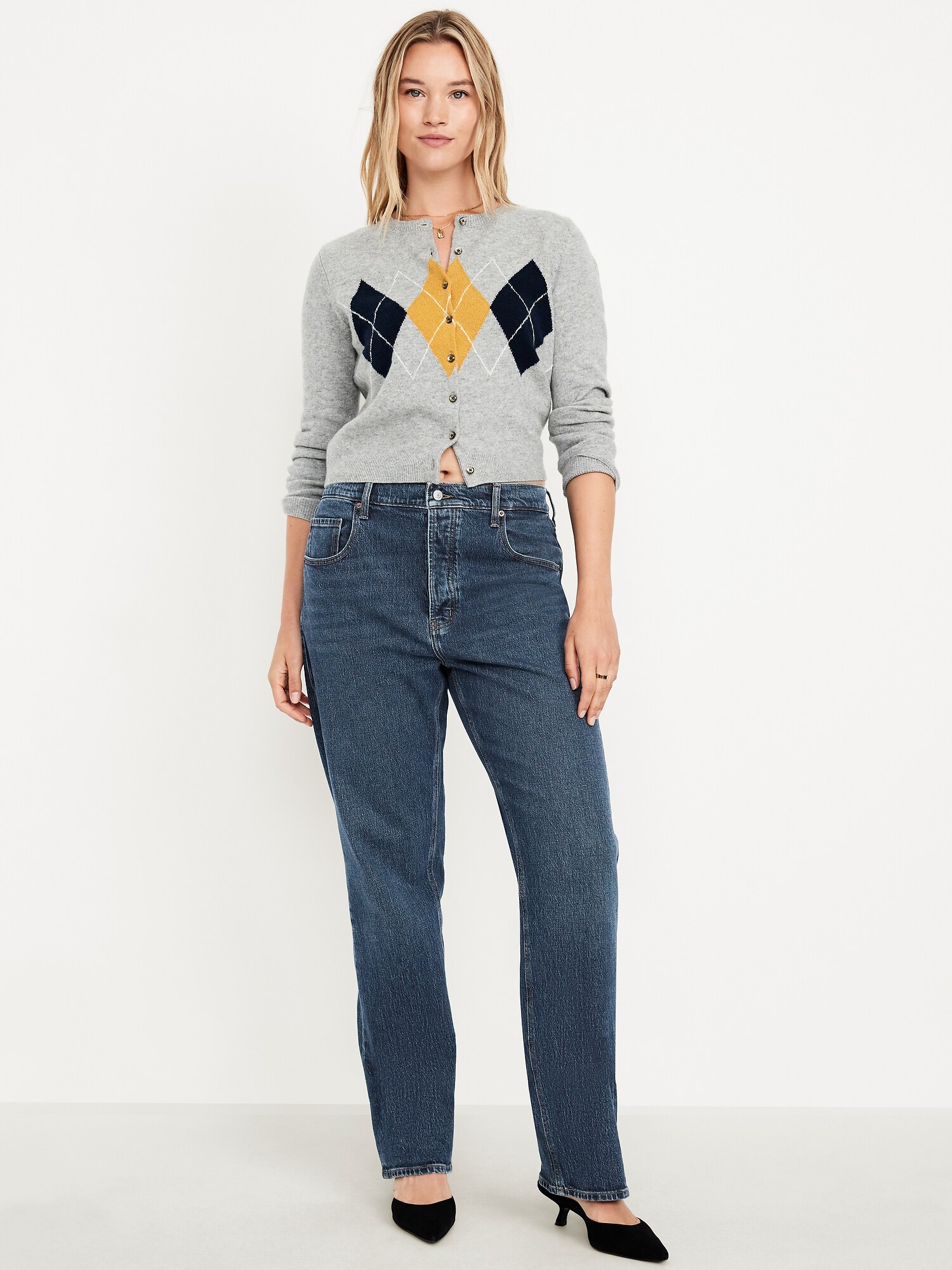 Женские джинсы Old Navy Mid-Rise Slouchy Straight, цвет: Тёмная варка — фото 6