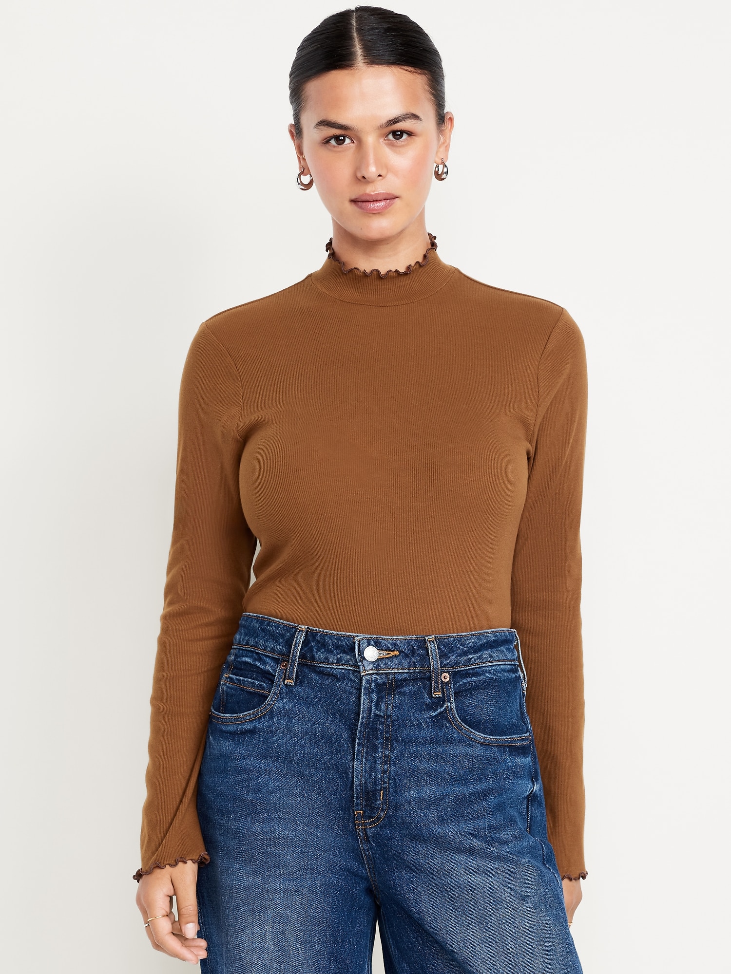 Mock-Neck Lettuce-Edge Rib Top | Old Navy