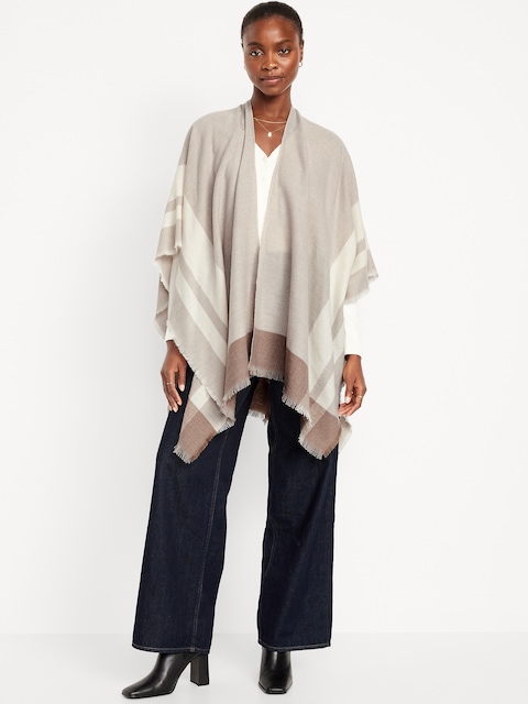 Flannel Fringe Poncho - Gray Combo