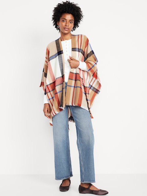 Flannel Fringe Poncho - Red Combo