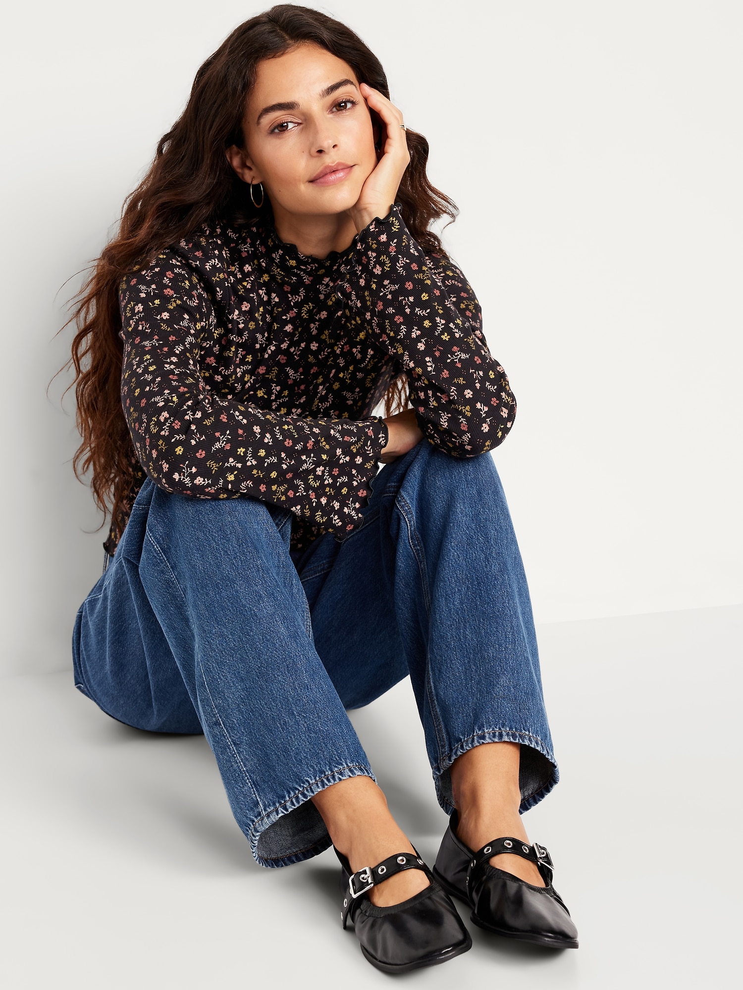 Faux-Leather Mary-Jane Scrunch Ballet Flats