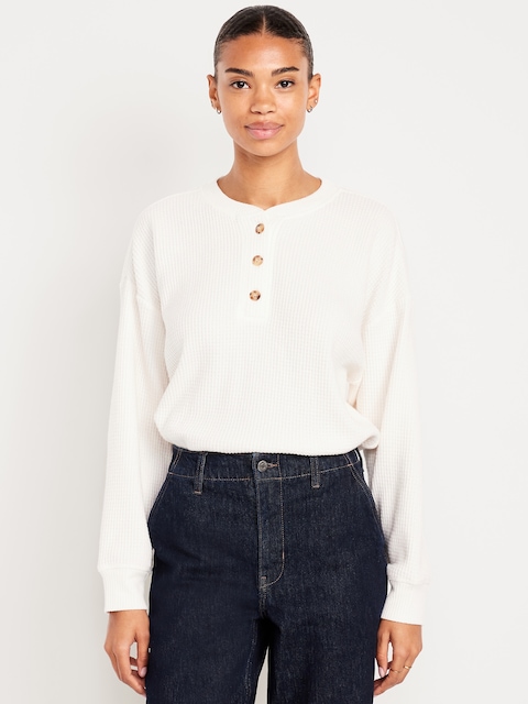 Oversized Cozy Waffle Henley Top - Sea Salt