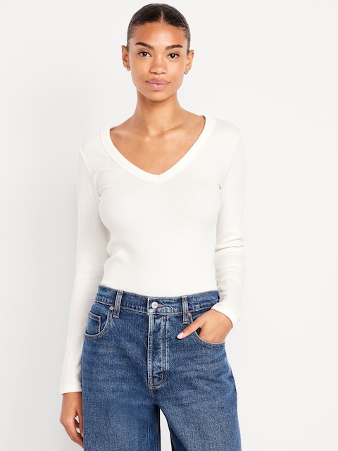 Long-Sleeve Cozy V-Neck Top - Sea Salt