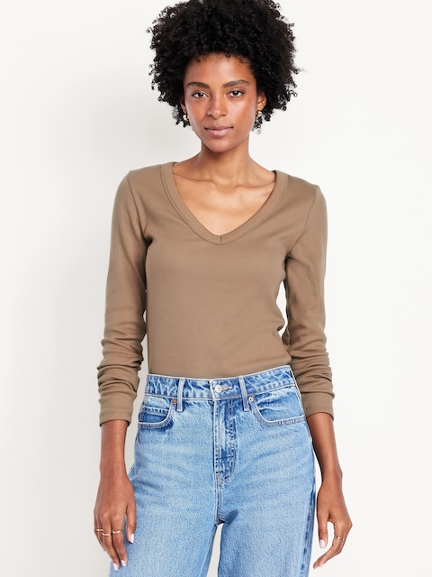 Long-Sleeve Cozy V-Neck Top - Driftwood