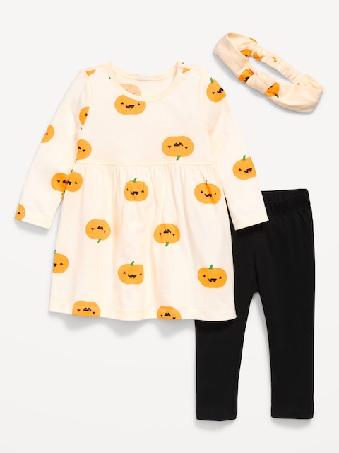 Printed Long-Sleeve Dress, Leggings and Headband for Baby - Pumpkins