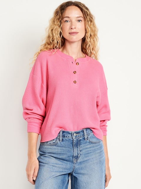 Oversized Cozy Waffle Henley Top - Garden Flowers