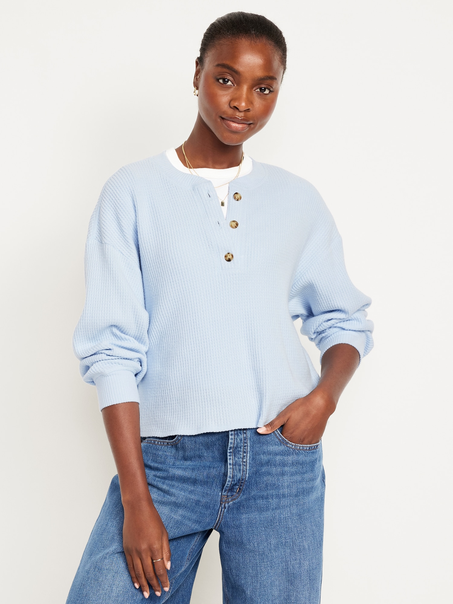 Oversized Cozy Waffle Henley Top