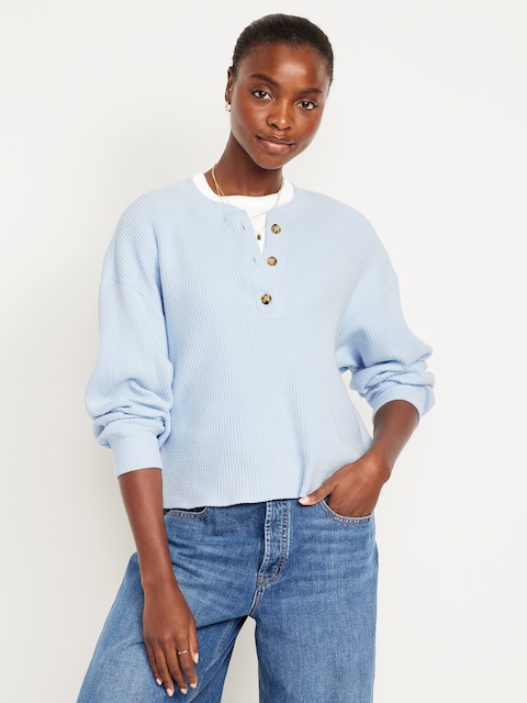 Oversized Cozy Waffle Henley Top - Sky Maintenance