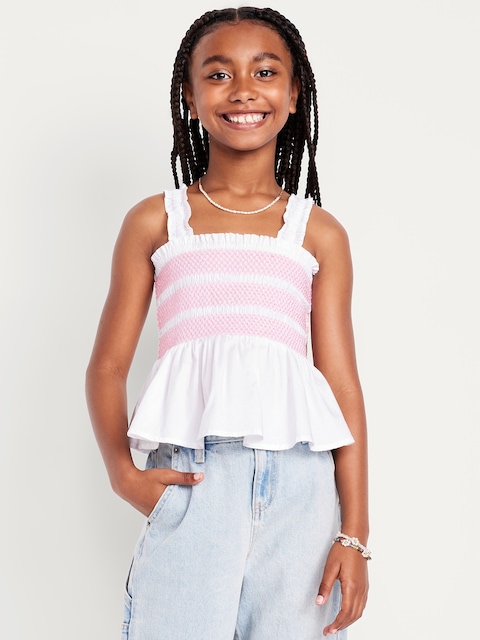 Smocked Peplum Tank Top for Girls - Calla Lily White