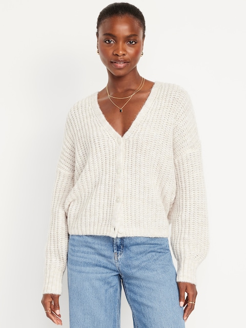 Wool-Blend Shaker-Stitch Cardigan Sweater - Chalk Heather