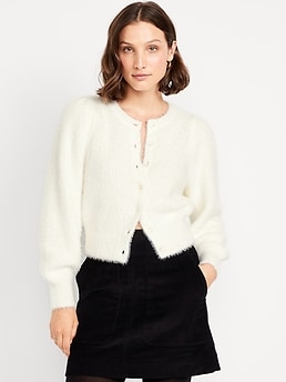 Cropped Eyelash Cardigan Sweater - image 3