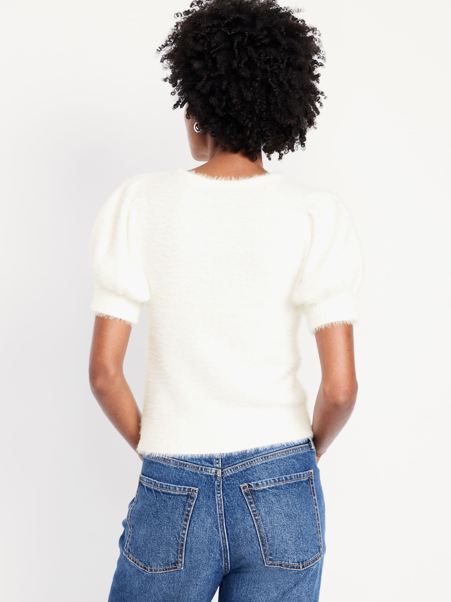 Cropped Puff-Sleeve Eyelash Sweater