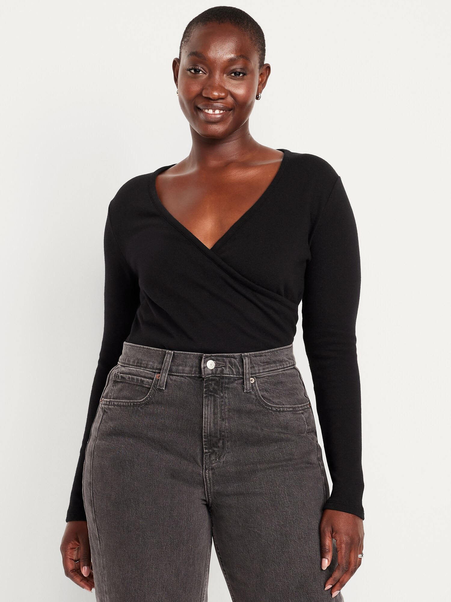 Женский топ Old Navy Long-Sleeve Wrap-Front Top, цвет: Чёрный — фото 4