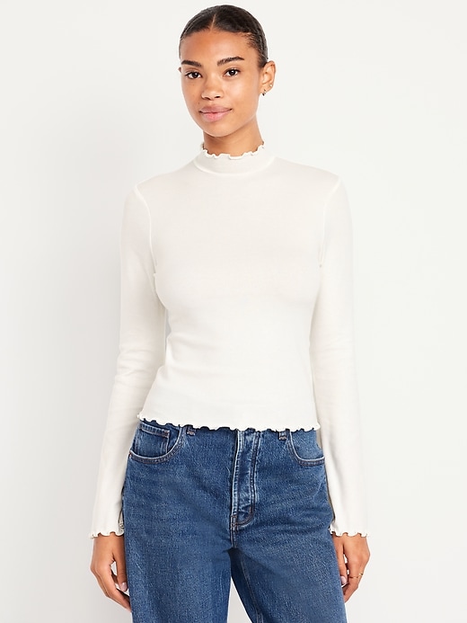 Image number 1 showing, Mock-Neck Lettuce-Edge Rib Top