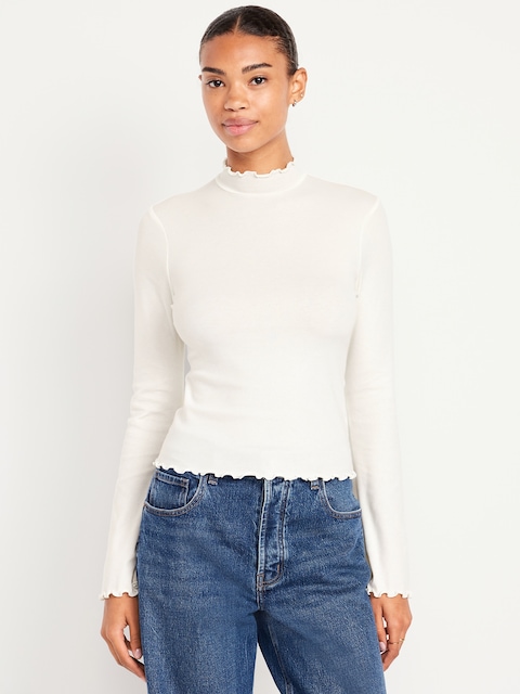 Mock-Neck Lettuce-Edge Rib Top - Sea Salt