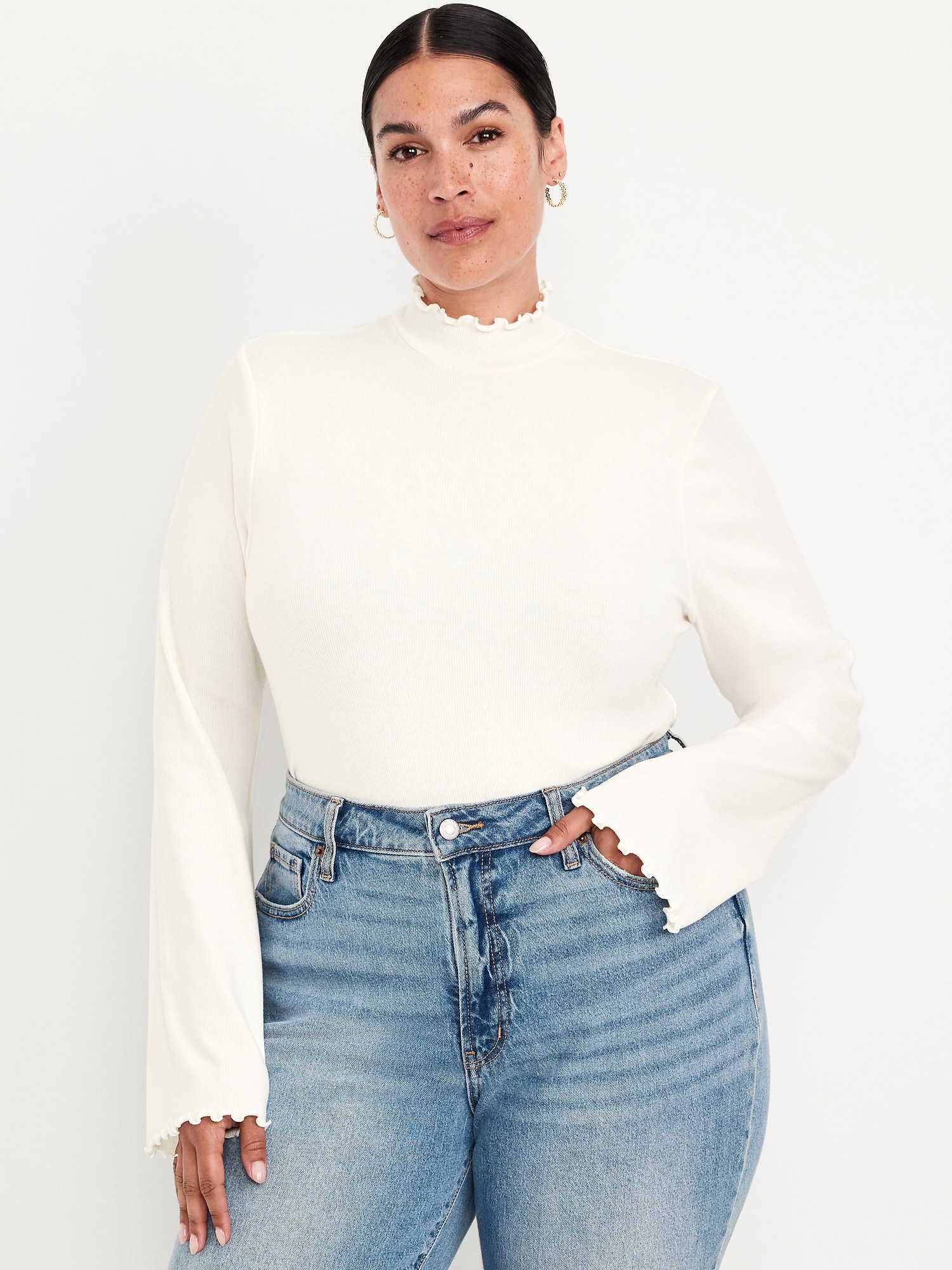 Mock-Neck Lettuce-Edge Rib Top | Old Navy