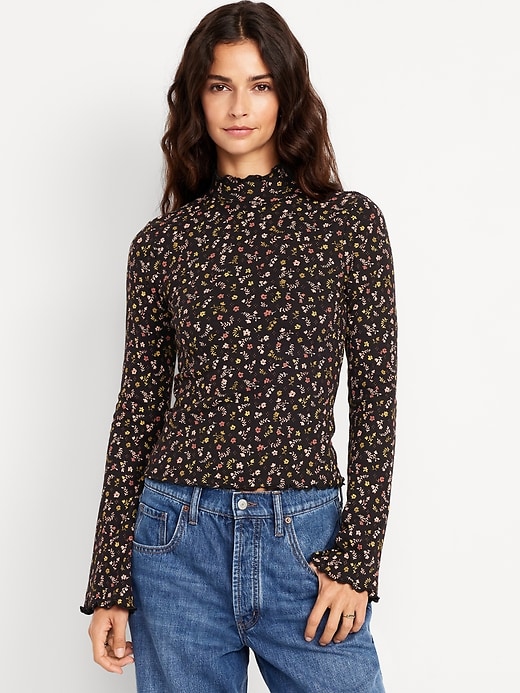 Image number 1 showing, Mock-Neck Lettuce-Edge Rib Top