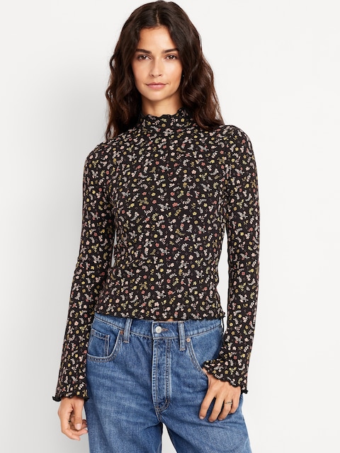 Mock-Neck Lettuce-Edge Rib Top - Black Floral