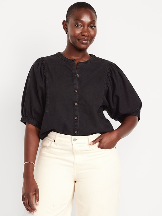 Image number 5 showing, Puff-Sleeve Button-Down Cropped Shirt