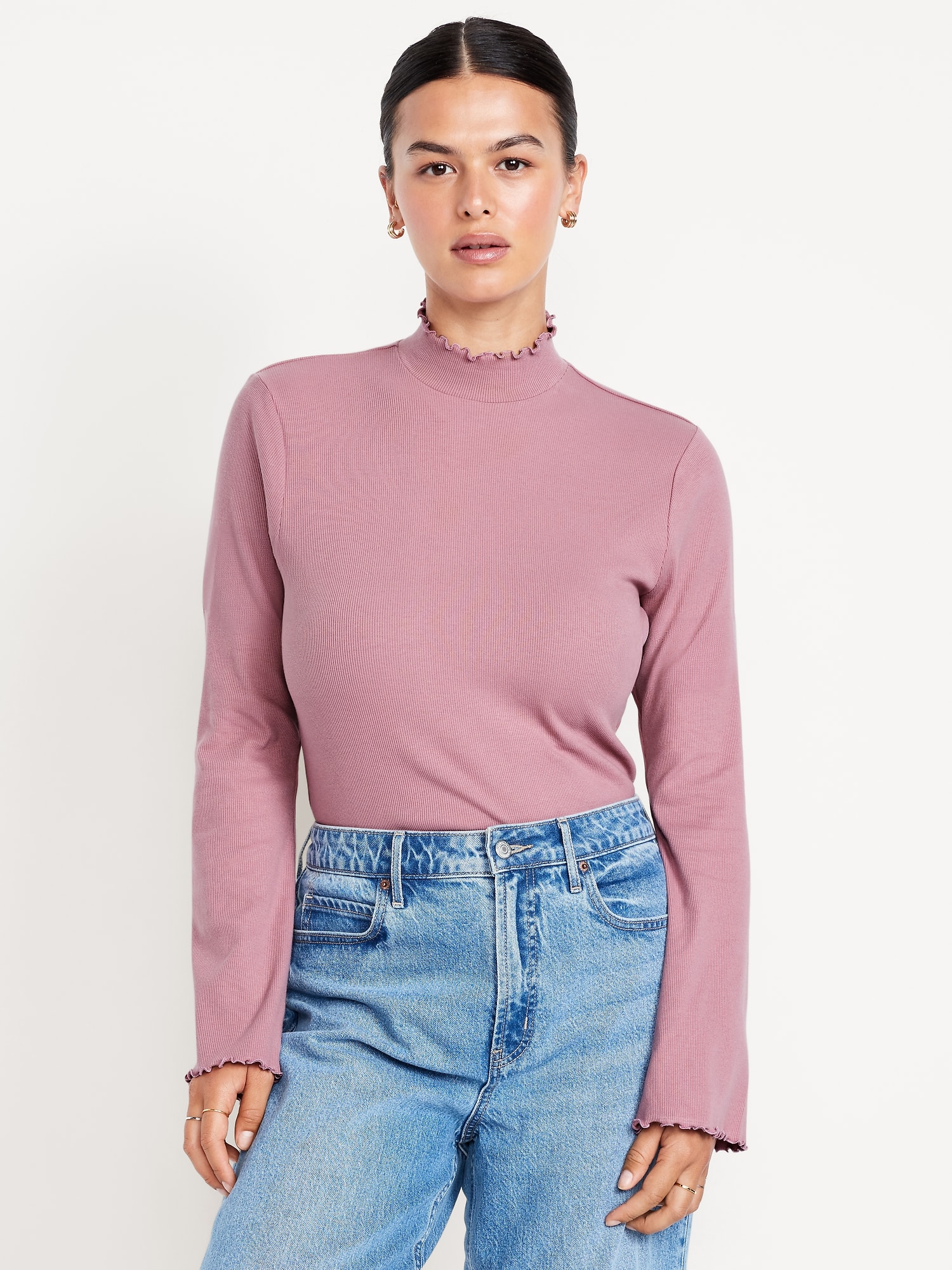 Mock-Neck Lettuce-Edge Rib Top