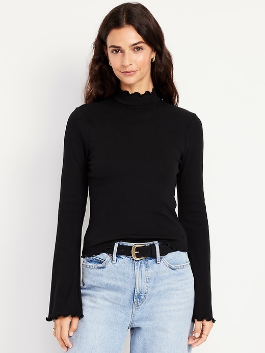 Image number 1 showing, Mock-Neck Lettuce-Edge Rib Top