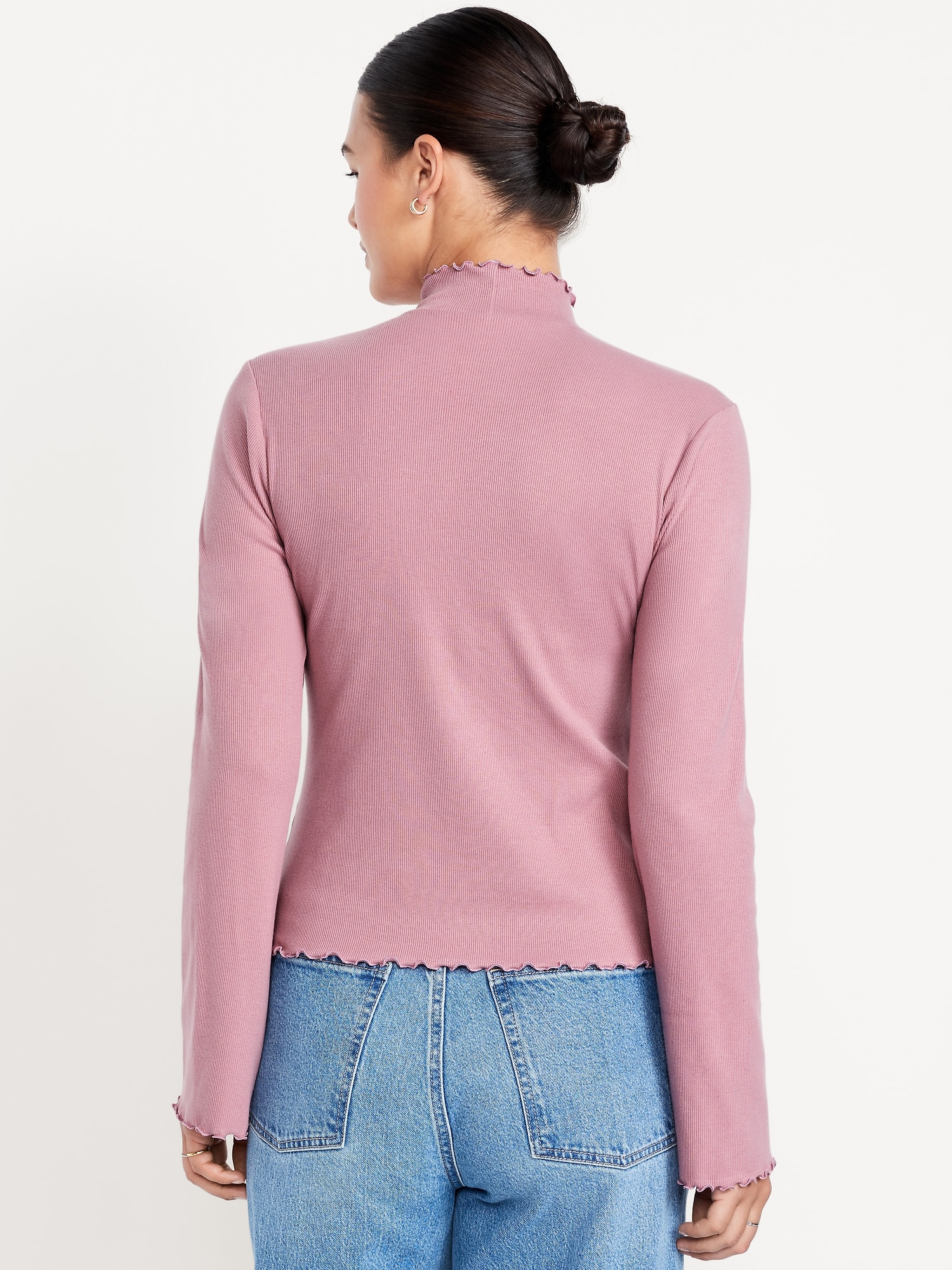 Mock-Neck Lettuce-Edge Rib Top