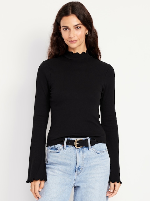 Mock-Neck Lettuce-Edge Rib Top - Black Jack