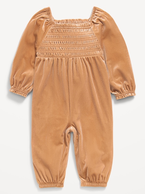 Long-Sleeve Smocked Velour Jumpsuit for Baby