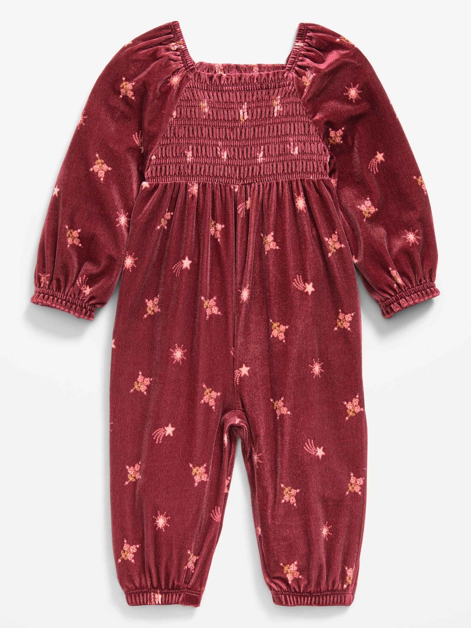 Long-Sleeve Smocked Velour Jumpsuit for Baby