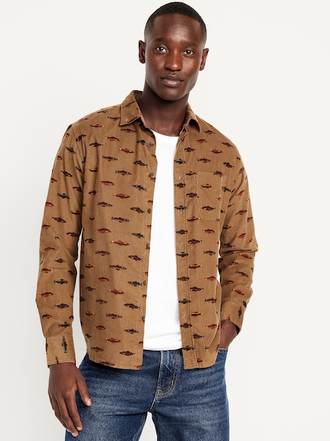 Classic Fit Everyday Printed Corduroy Shirt - Brown Fish Print