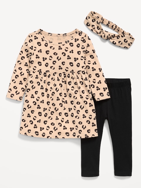 Printed Long-Sleeve Dress, Leggings and Headband for Baby - Leopard