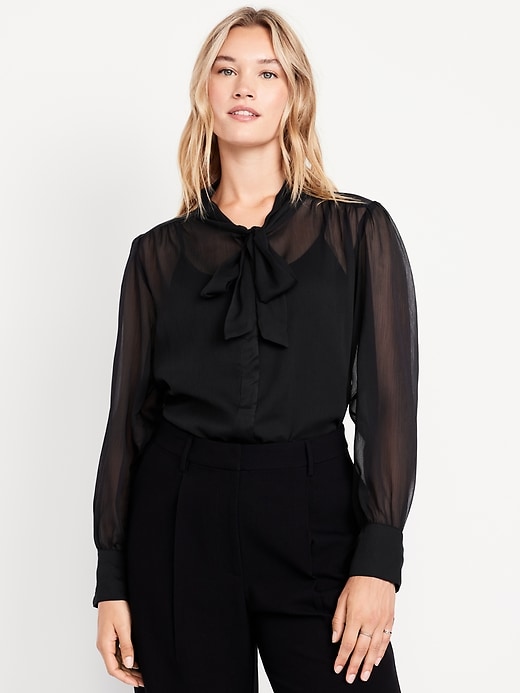 Image number 5 showing, Long-Sleeve Tie-Neck Chiffon Top