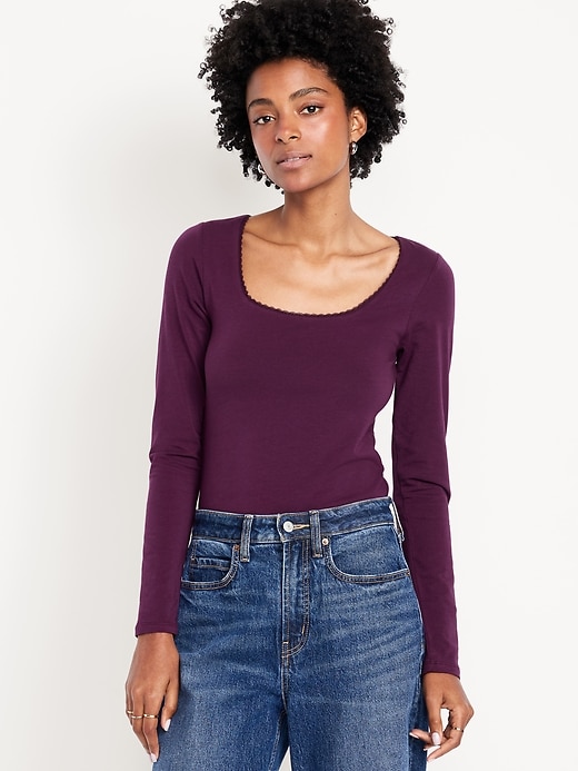 Image number 1 showing, Fitted Double-Layer Scoop-Neck Top