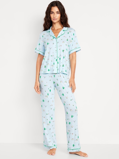 Sunday Sleep Knit Jersey Pant Set - Winter Village Blue