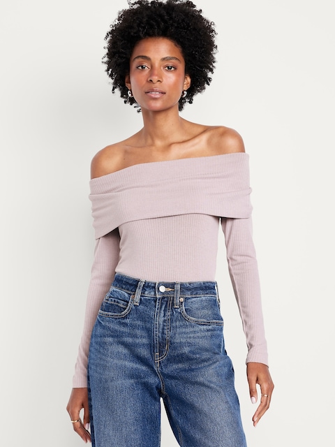 Off-Shoulder Long-Sleeve Ribbed Top - Liquid Lustre