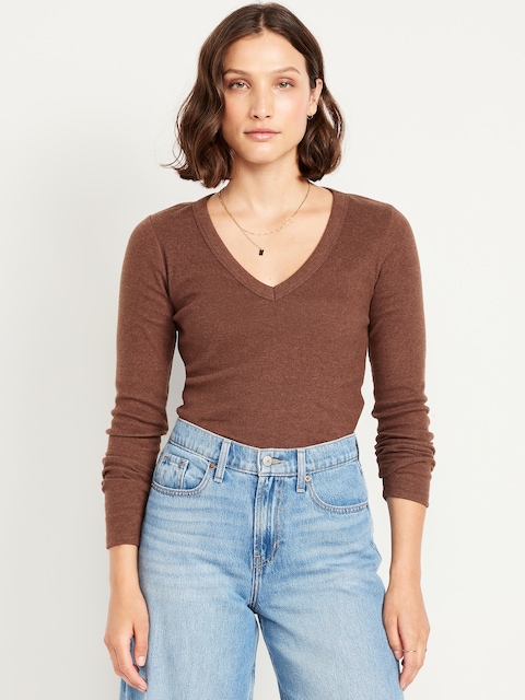 Long-Sleeve Cozy V-Neck Top - Tannin Brown